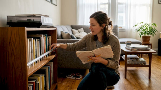 Woman measuring living room furniture layout