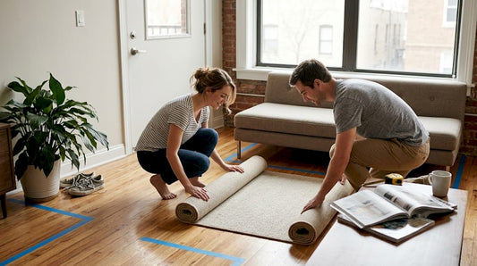 Couple arranging living room with tape outlines