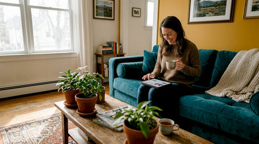 Woman relaxing in a colorful living room