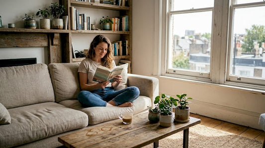 Woman reading in sustainable urban living room
