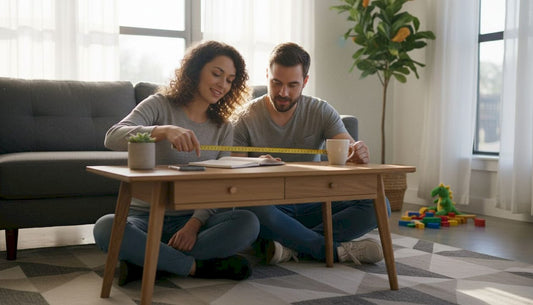 Couple measuring living room space for furniture