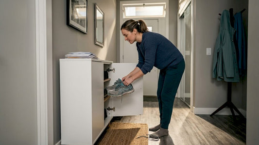 Woman storing shoes in entryway cabinet