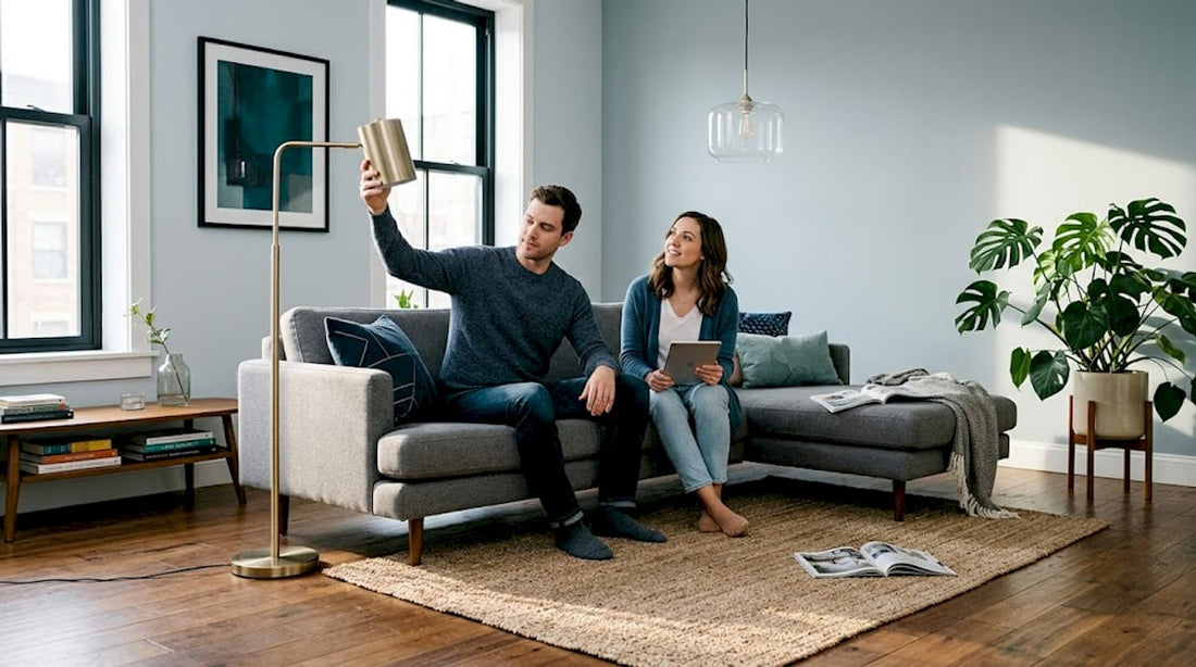 Couple adjusts lighting fixtures in bright living room