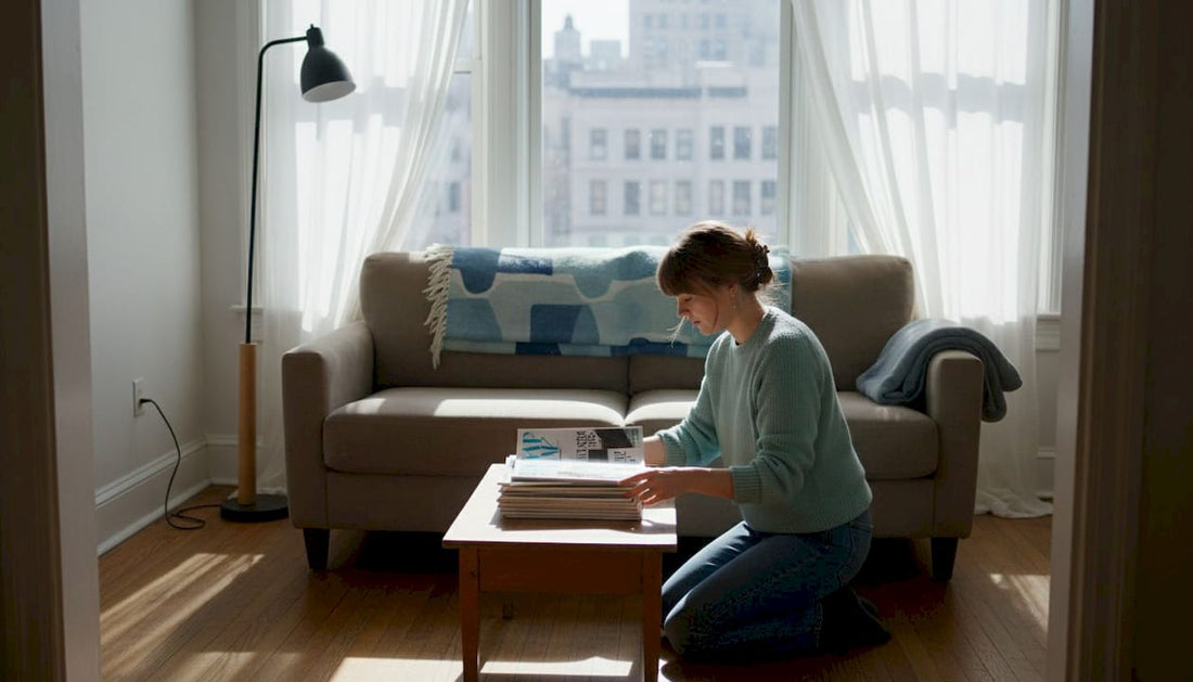 Woman arranging magazines in compact NYC living room