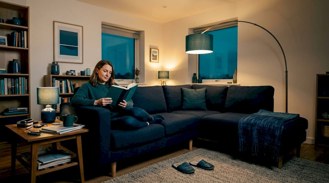 Woman reading in layered-lit cozy living room