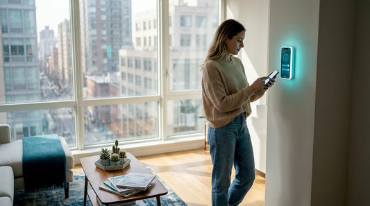 Woman adjusting smart LED lighting in apartment