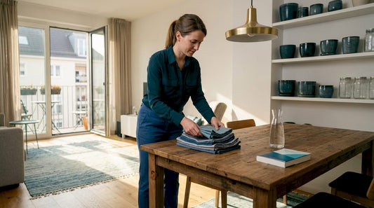 Woman organizing sustainable living-dining room