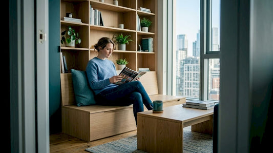 Woman using custom furniture in urban apartment