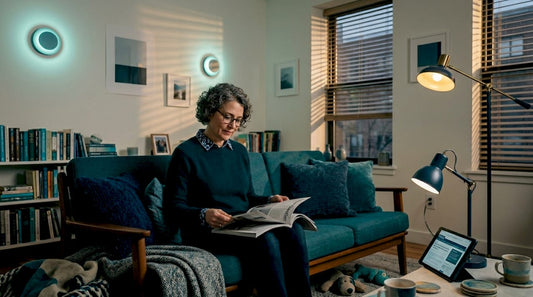 Woman reading with layered lighting in living room
