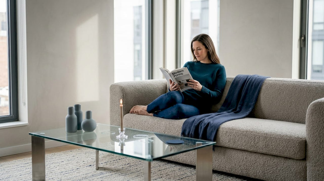 Woman reading in textured living room space