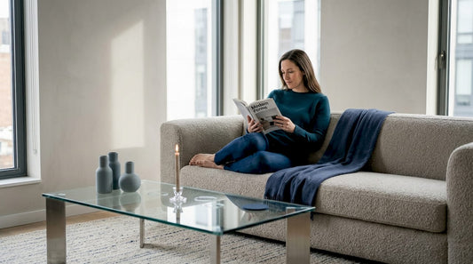 Woman reading in textured living room space