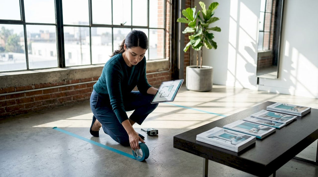 Woman measuring space for new sofa