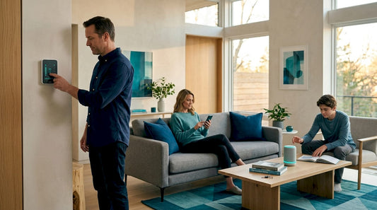 Family uses smart home devices in living room
