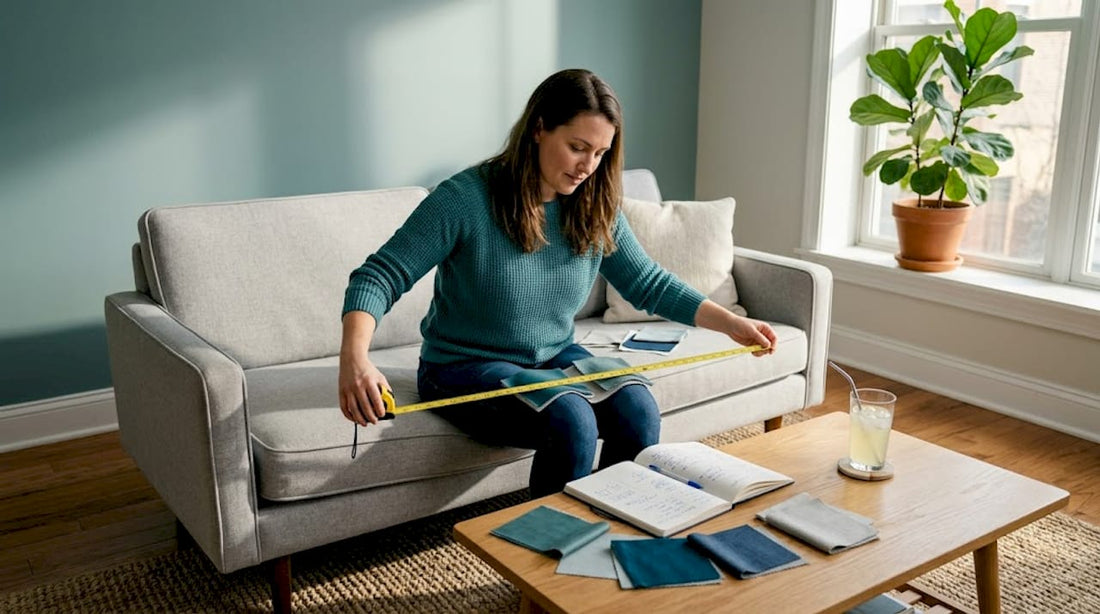 Woman tests sofa seat with measuring tape