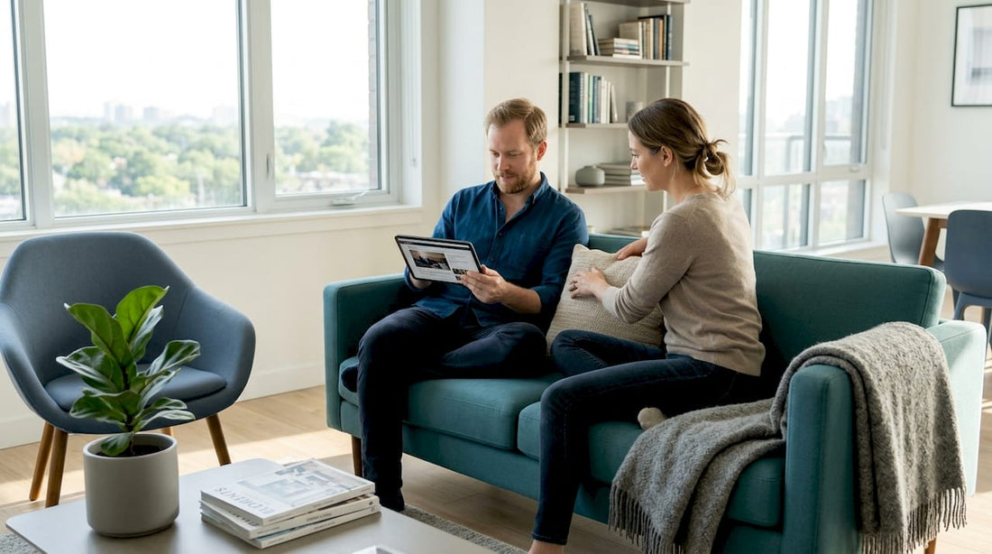 People using accent chair in stylish living room