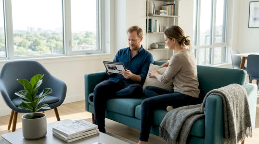 People using accent chair in stylish living room
