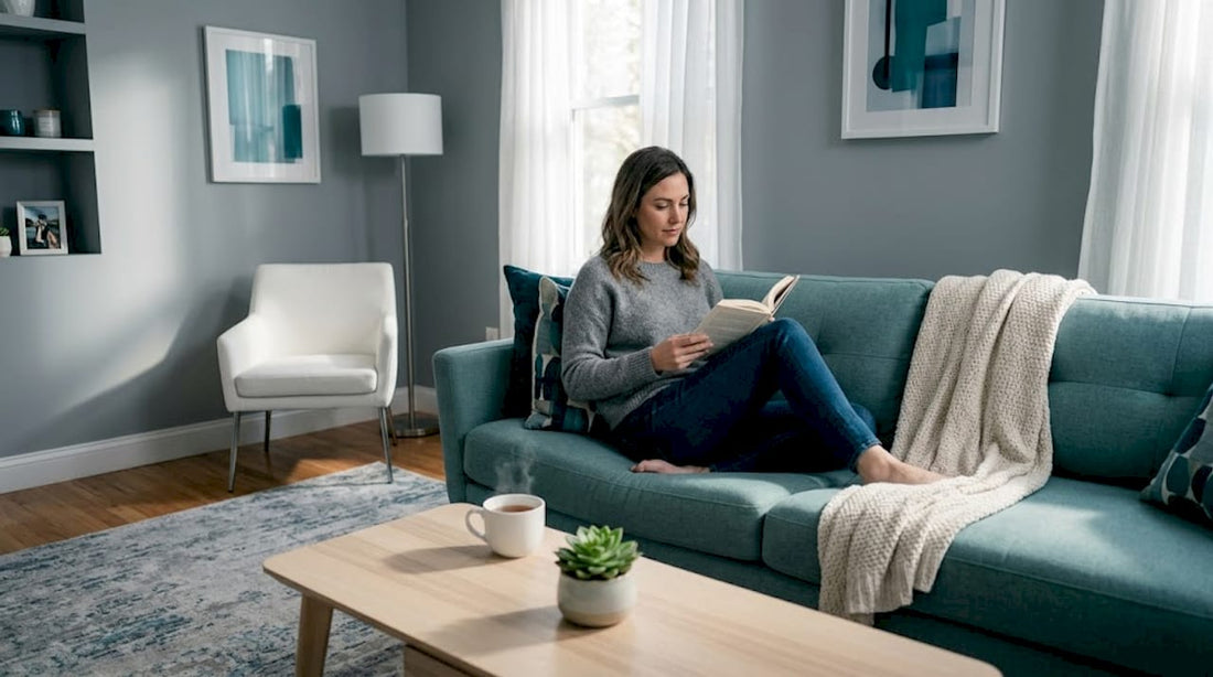 Woman reading on blue sofa in colorful living room