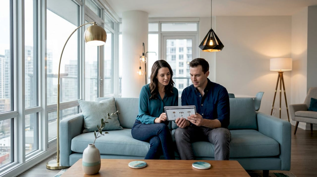 Couple compare home lighting options in living room
