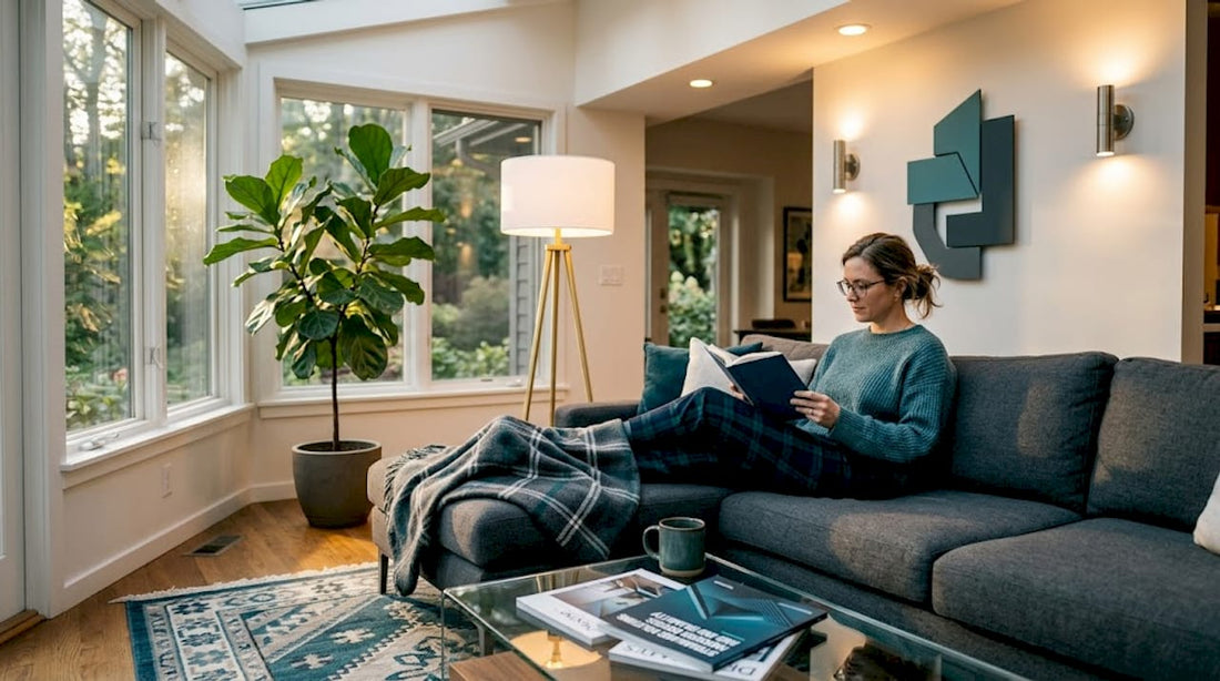 Person reading with multiple lighting types in living room
