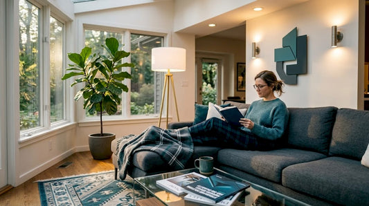 Person reading with multiple lighting types in living room