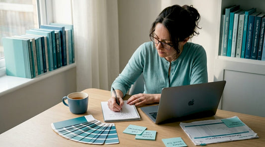 Woman planning home upgrades at dining table