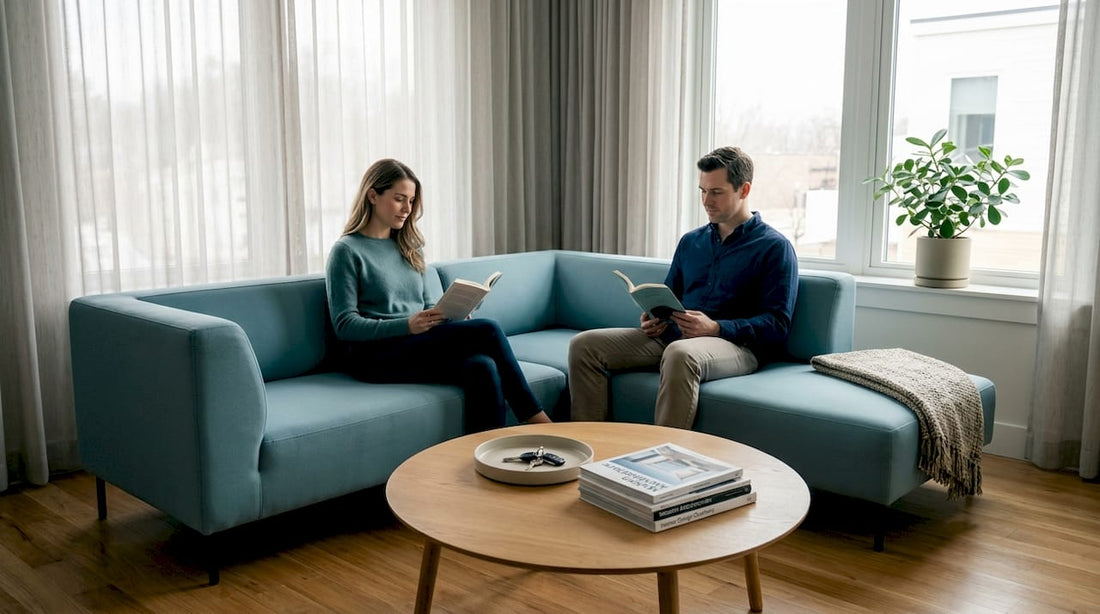 Minimalist living room with couple reading