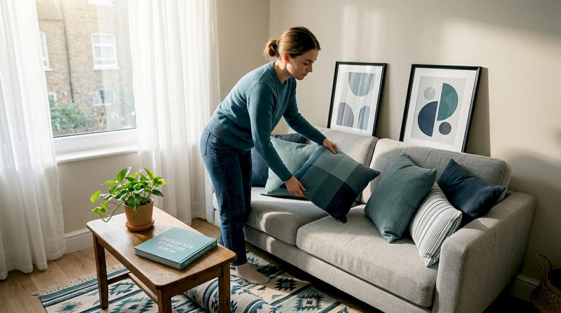 Woman arranging pillows in budget-friendly living room