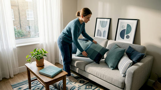 Woman arranging pillows in budget-friendly living room