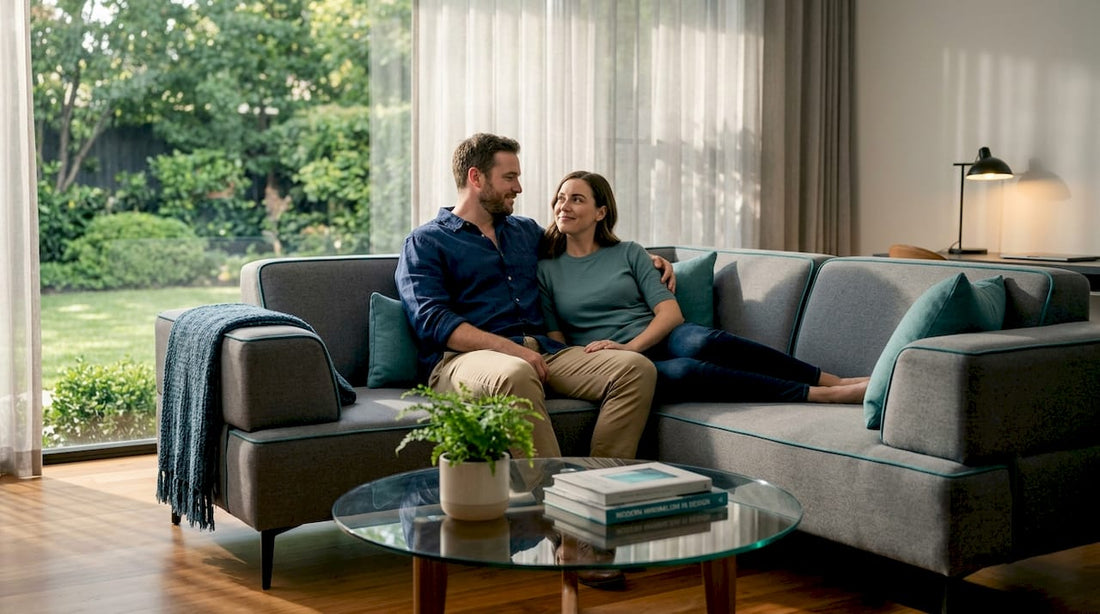 Couple relaxing on modern sofa in living room