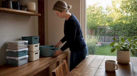 Woman organizing home storage containers