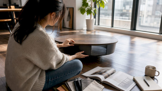 Woman reviewing coffee table sample in loft living room