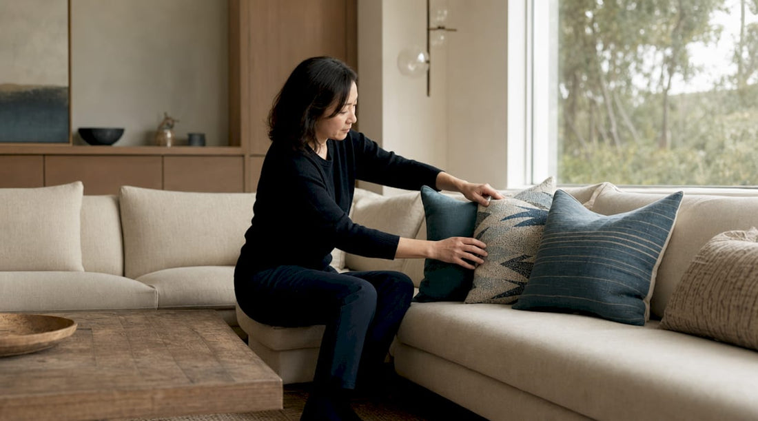 Woman arranging pillows in transitional style living room