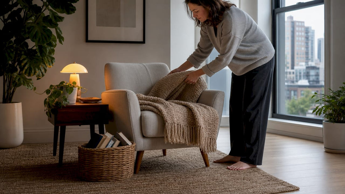 Woman arranging furniture in living room