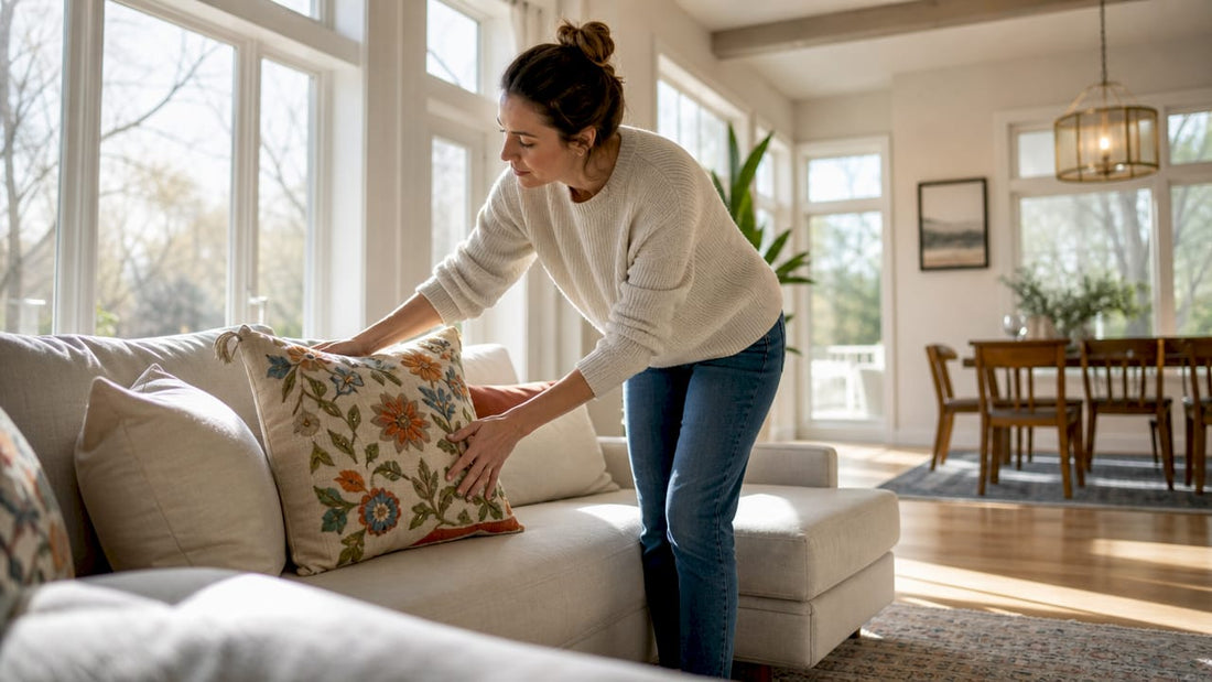 Woman arranging cushions in stylish living room