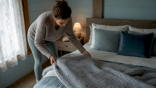 Woman arranging throw on cozy bedroom bed