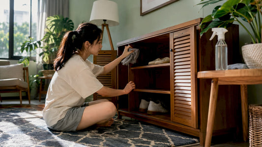 Woman cleaning empty shoe cabinet interior