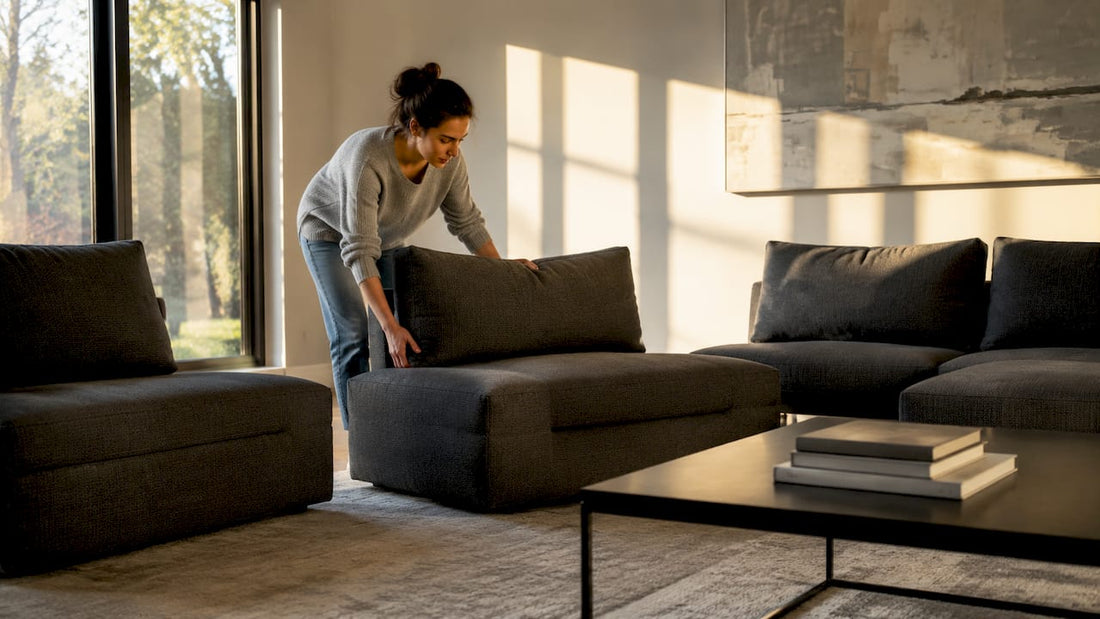 Woman arranging modular sofa sections in living room