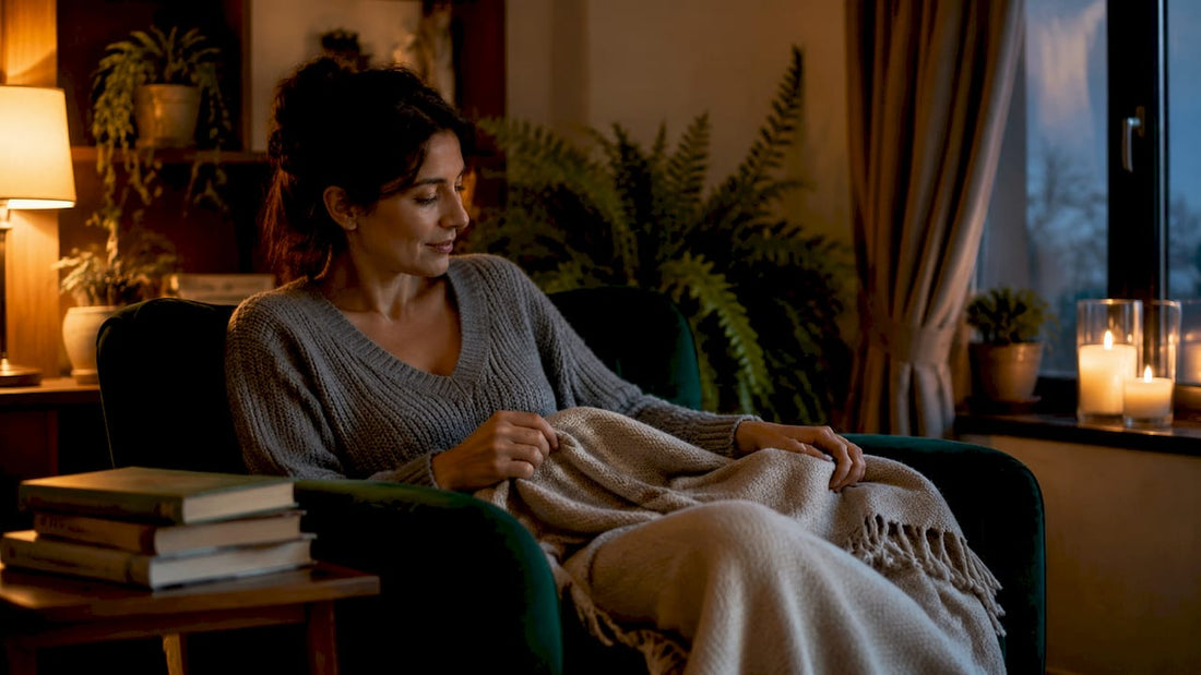 Woman relaxing in warm cozy living room