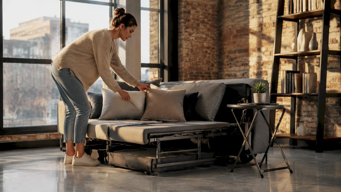Woman arranging convertible sofa-bed in small apartment