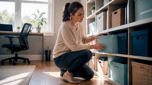 Woman organizing home storage bins in garage