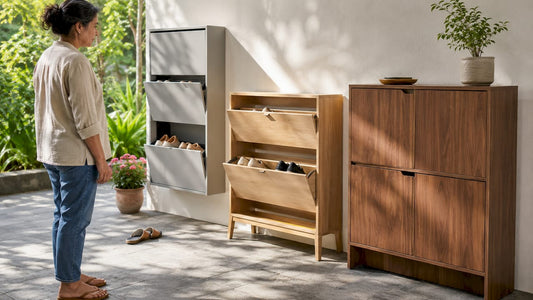 Woman examining different shoe cabinet types in entryway