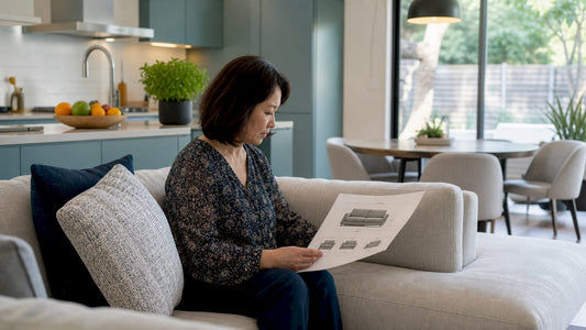 Woman examining quality sofa in living room