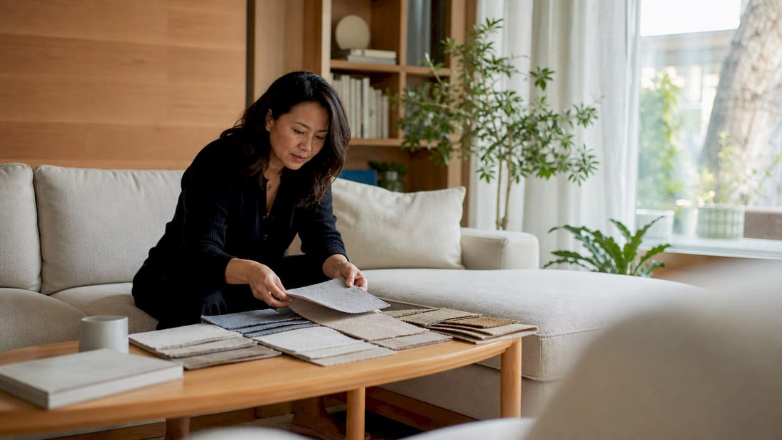Woman selecting fabric swatches on modular sofa