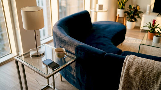 Side table beside sofa with lamp and drink