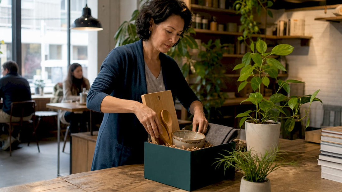 Woman arranging kitchen accessories gift box