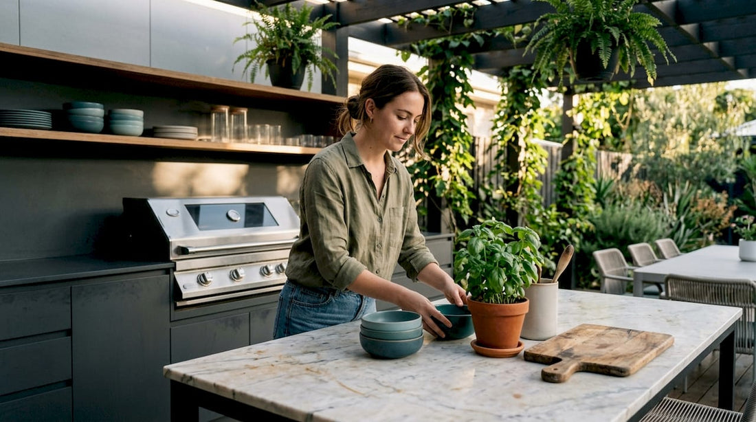 Woman arranging decor in modern kitchen