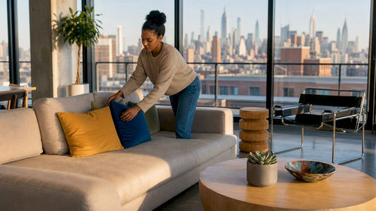 Young woman arranging cushions in modern NYC living room