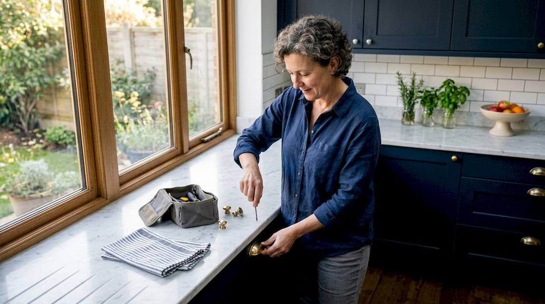 Woman replacing kitchen cabinet hardware