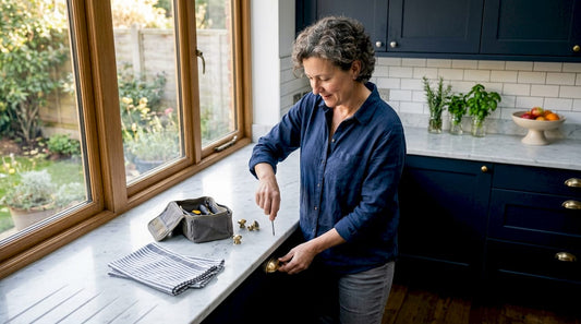 Woman replacing kitchen cabinet hardware