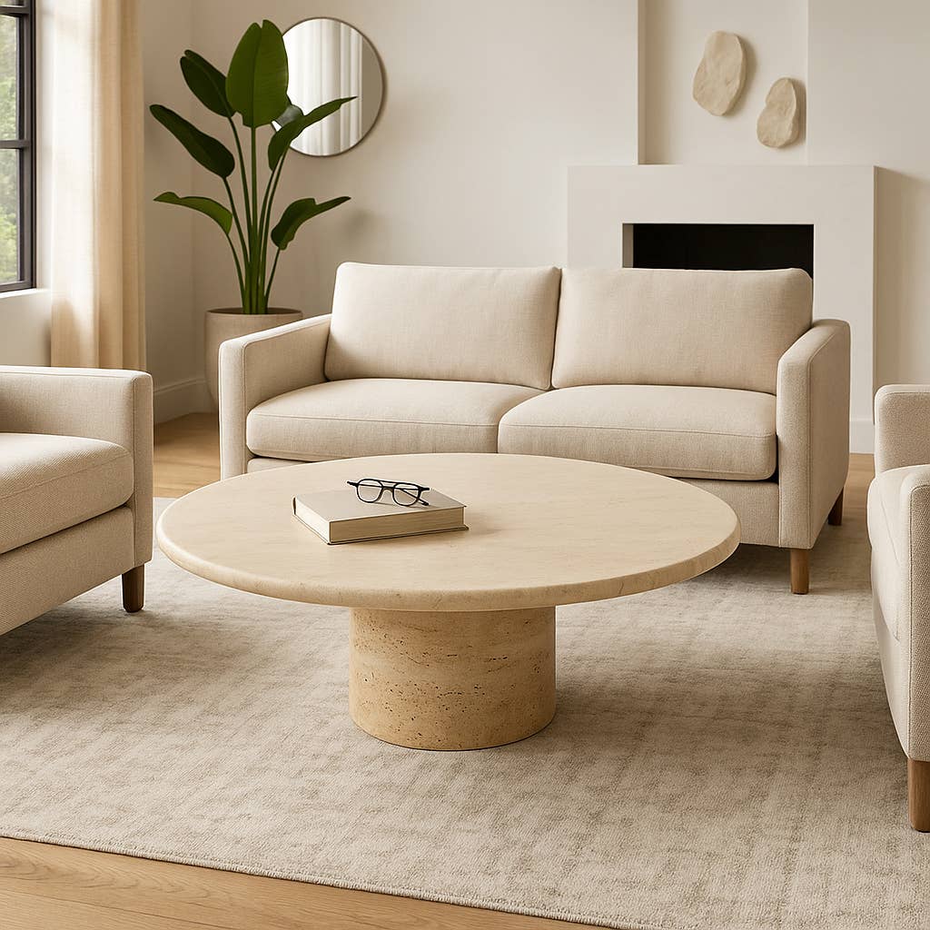 Stone Wood Modern Casual Round Coffee Table - Ivory, 16 in.